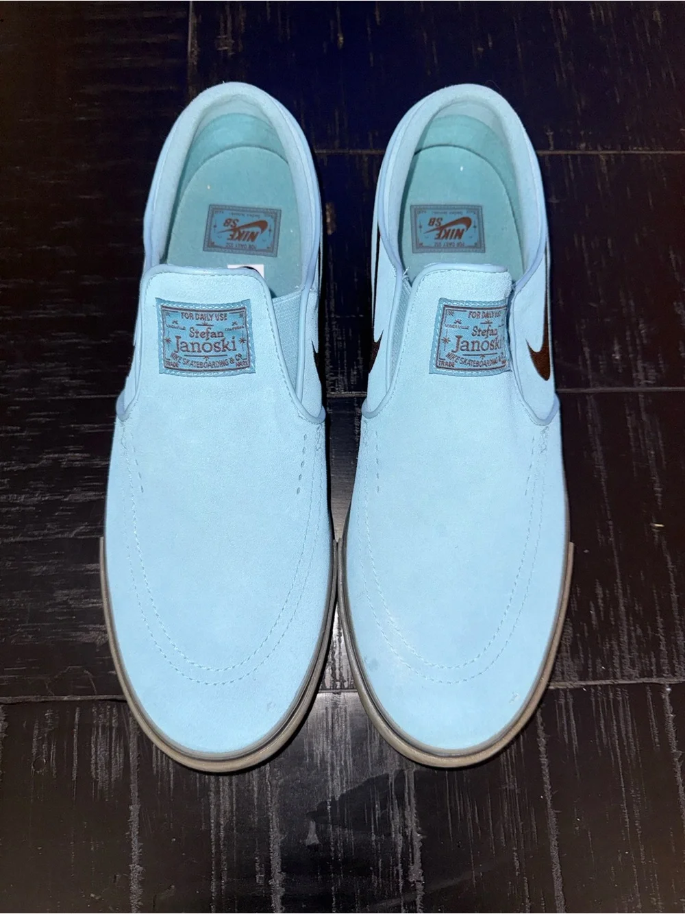 Nike Stefan Janoski Slip-On Suede Shoes - Light Blue with Brown Swoosh